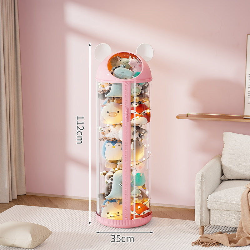 Vertical Clear Cylinder Plush Toy Storage Tower with Divided Shelves and Caster Base