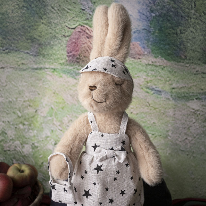 Handcrafted Plush Rabbit Toy with Star-Print Linen Overalls and Visor