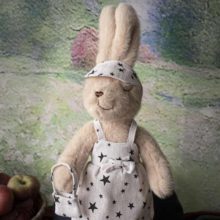 Handcrafted Plush Rabbit Toy with Star-Print Linen Overalls and Visor