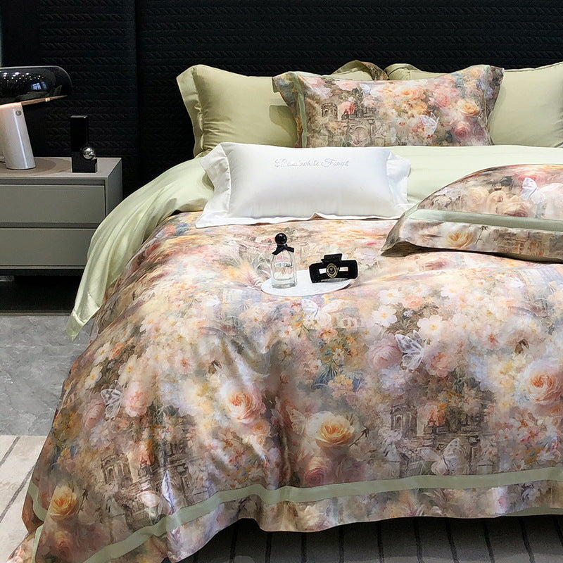 Satin-Feel Watercolor Floral Duvet Cover Set with Pillow Shams