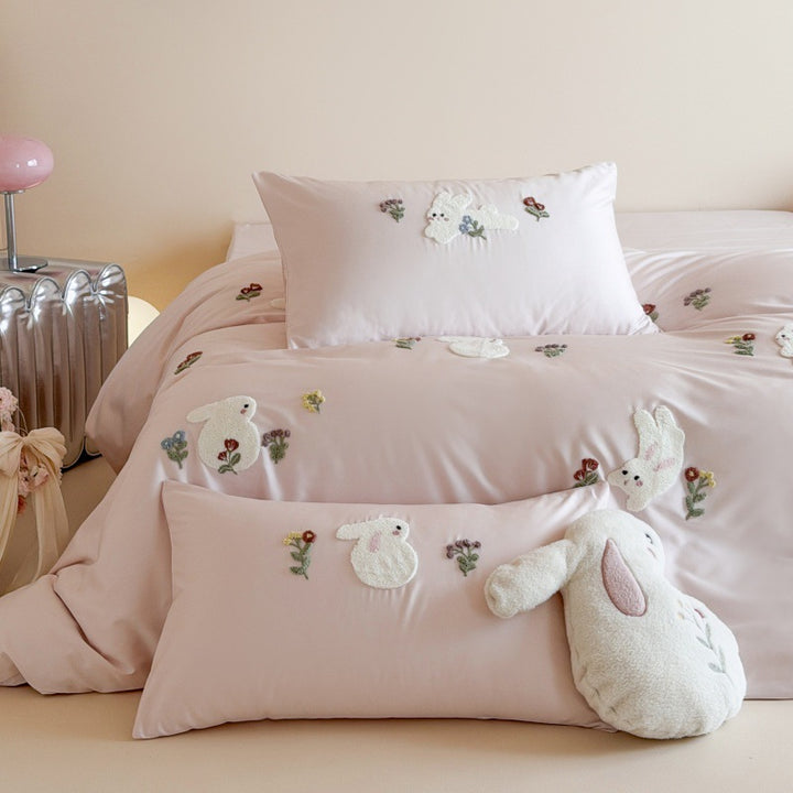 Embroidered Bunny Appliqué Satin-Feel Cotton Duvet Cover Set with Tufted Floral Accents