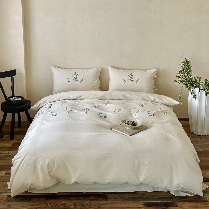 Embroidered Botanical Cotton-Linen Duvet Cover Set with Tied Pillow Shams