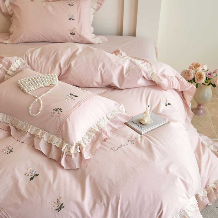 Ruffled Embroidered Cotton Duvet Cover Set with Lace Trim