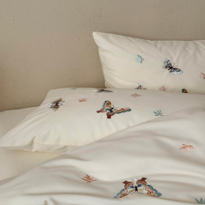Embroidered Butterfly Cotton Sateen Duvet Cover and Pillowcase Set
