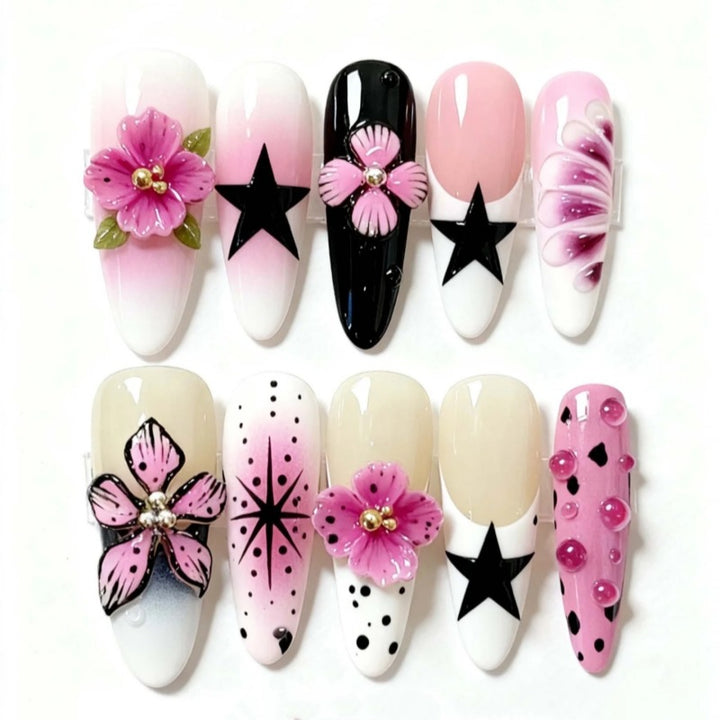Artistic Floral and Star-Embellished Press-On Nail Set Stornfield