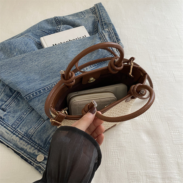 Woven Straw Tote Handbag with Leather Accents