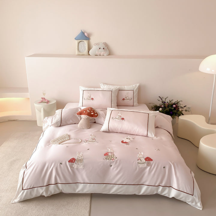 Children's Embroidered Bunny and Mushroom Cotton Sateen Duvet Cover Set