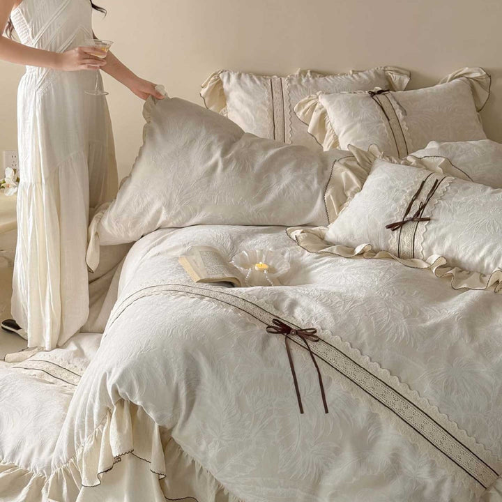 Ruffled Jacquard Cotton Duvet Cover Set with Frilled Bedskirt and Contrast Ribbon Bows