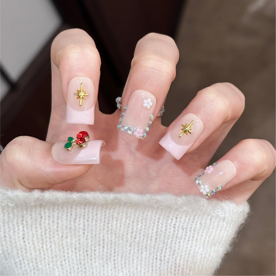 Decorative Floral and Gem Accented Press-On Nail Art Set