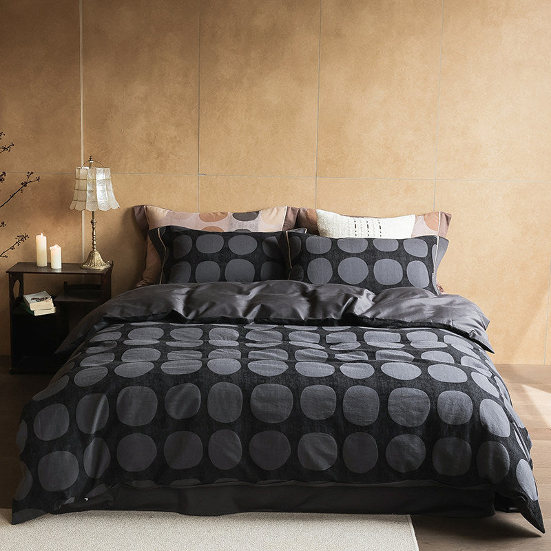 Reversible Geometric Dot Cotton-Linen Duvet Cover Set with Deep-Pocket Shams