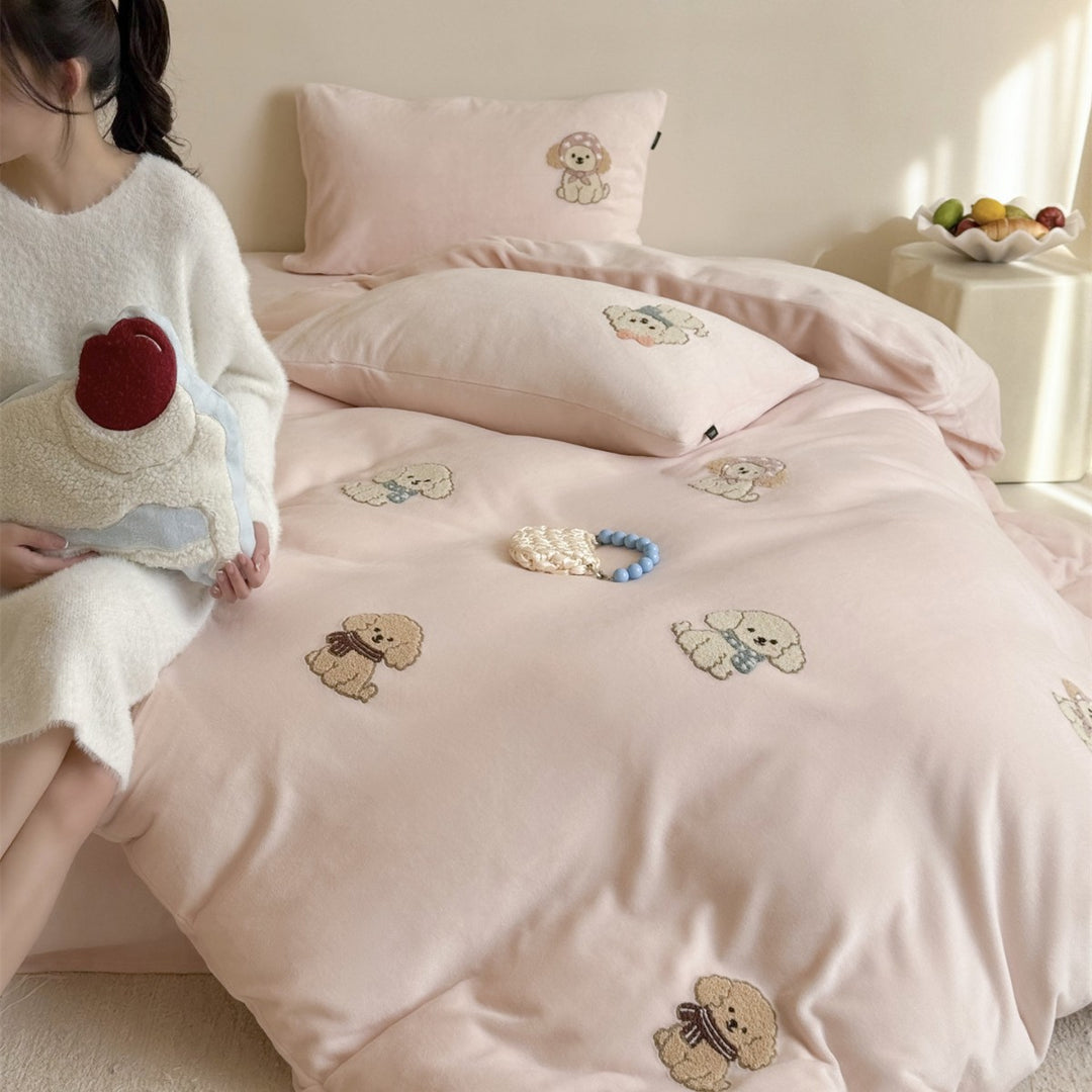 Cute Embroidered Puppy Cotton-Sateen Duvet Cover Set