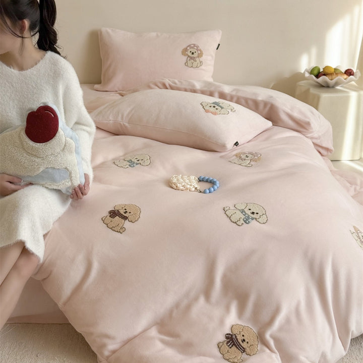 Cute Embroidered Puppy Cotton-Sateen Duvet Cover Set