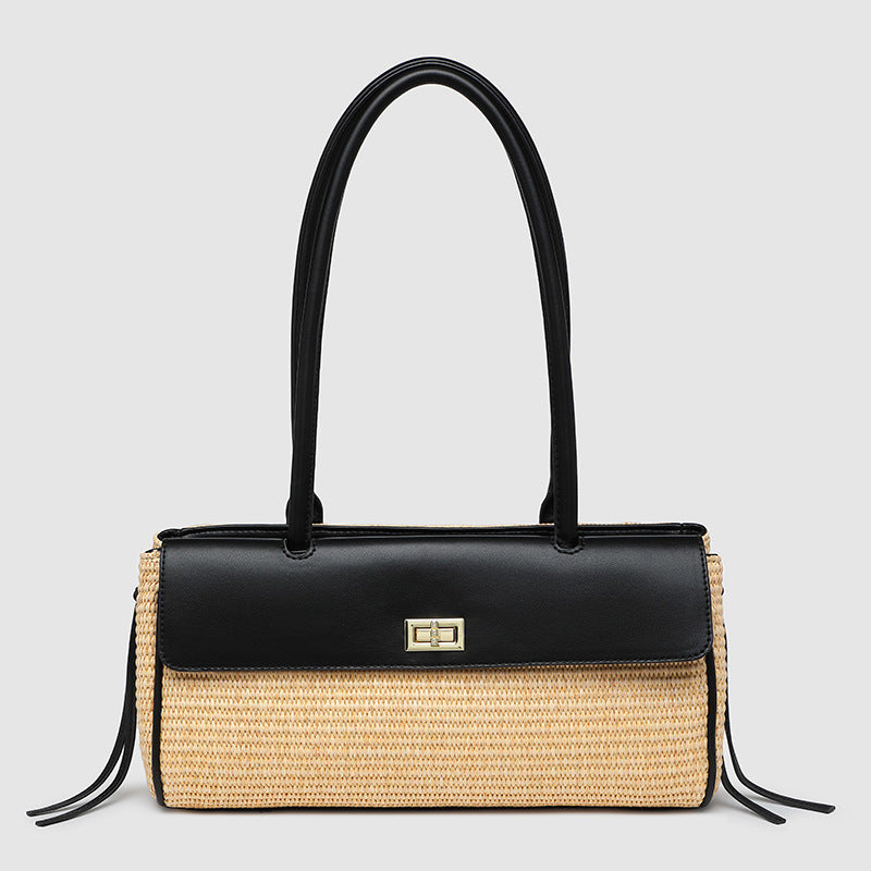 Stylish Straw and Leather Handbag