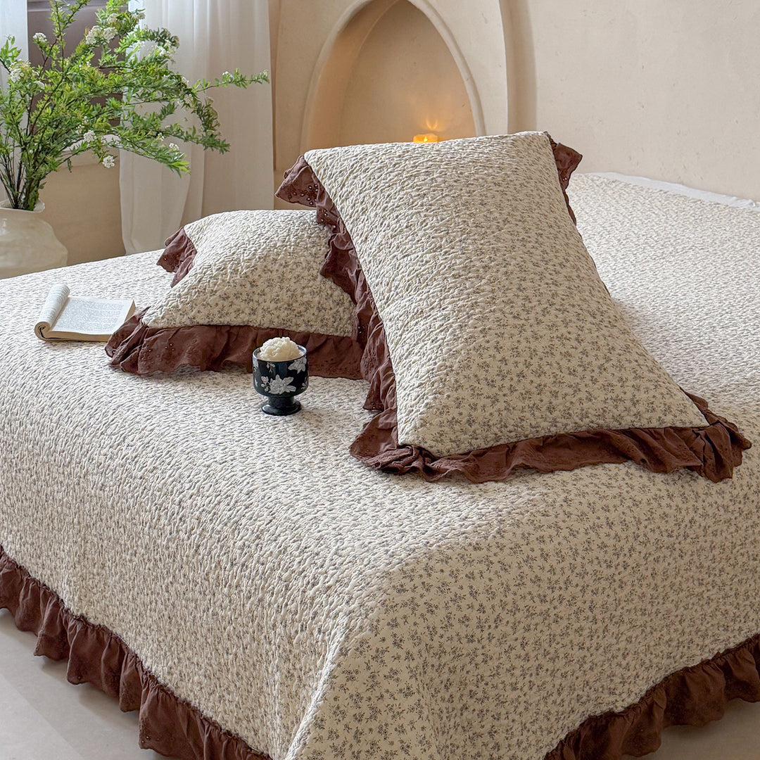 Quilted Ruffled Eyelet Lace Bedspread with Matching Frilled Pillow Shams