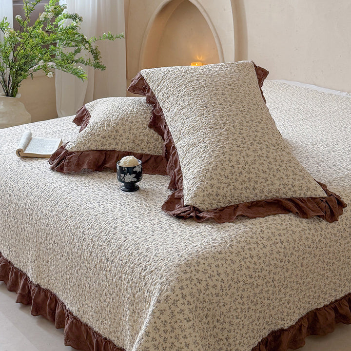 Quilted Ruffled Eyelet Lace Bedspread with Matching Frilled Pillow Shams