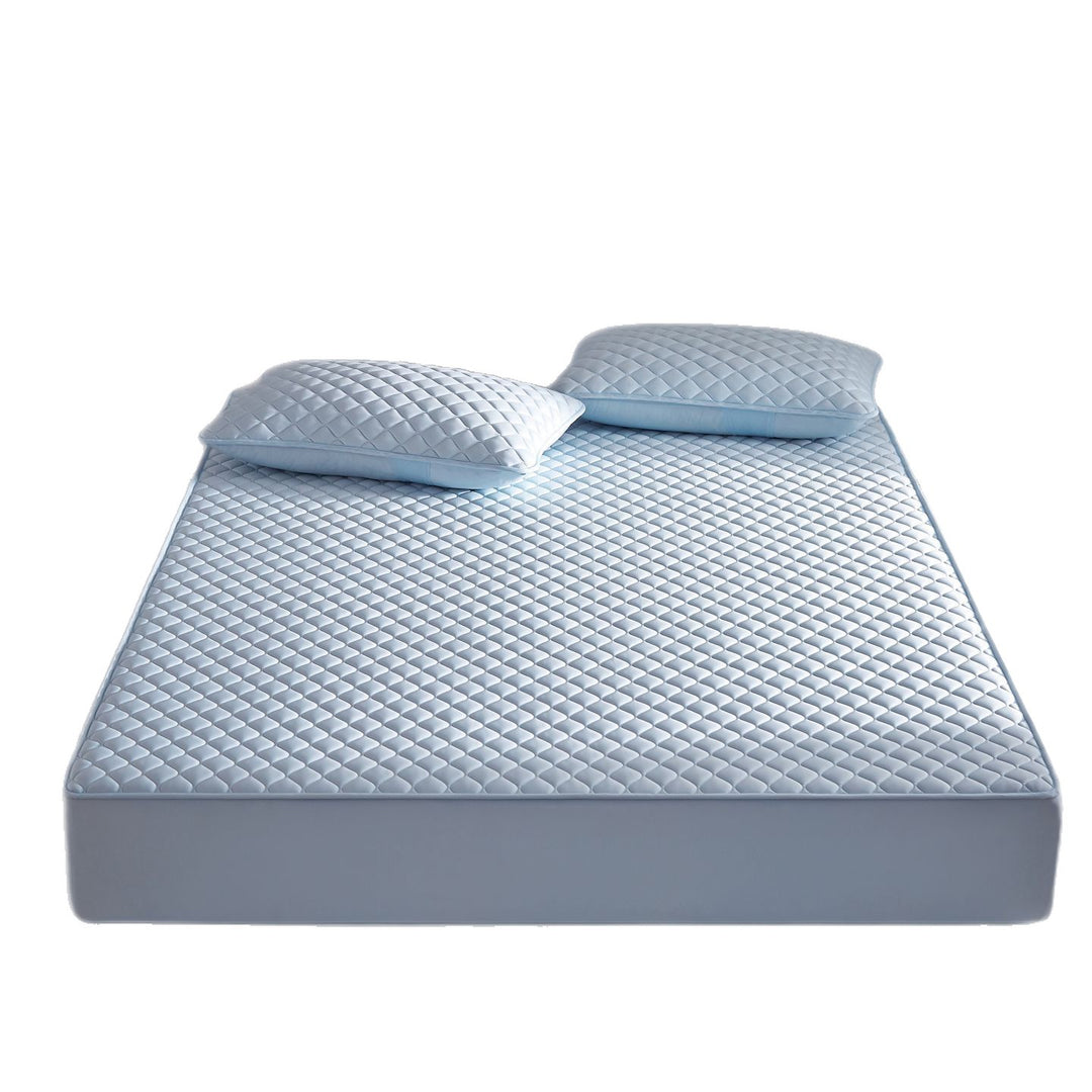 Breathable cooling mattress topper with quilted surface and elastic corner bands