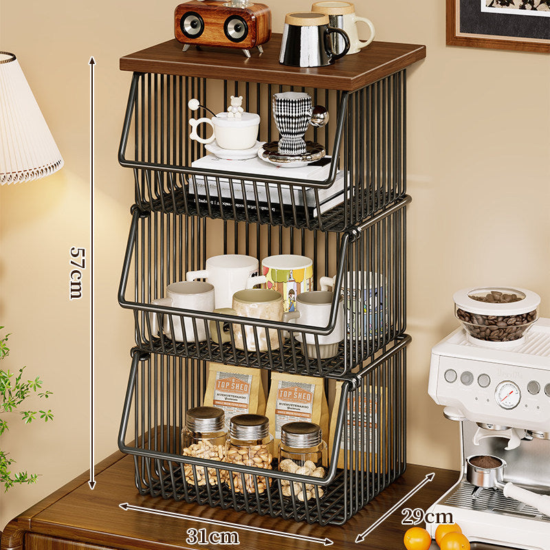 Mobile Four-Tier Kitchen Pantry Organizer Cart with Wood Top and Rolling Wire Baskets