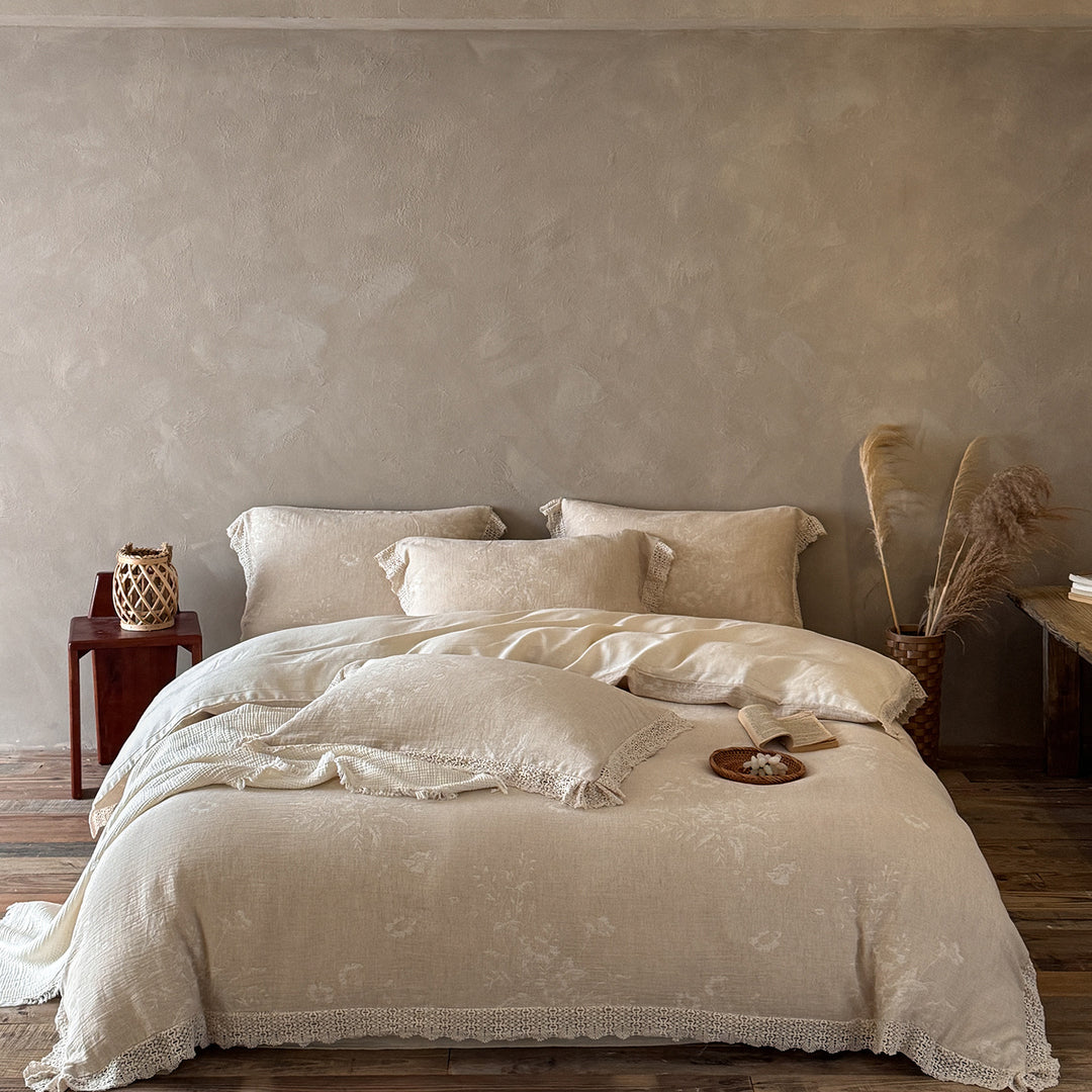 Reversible Cotton-Linen Duvet Cover Set with Crochet Lace Hem