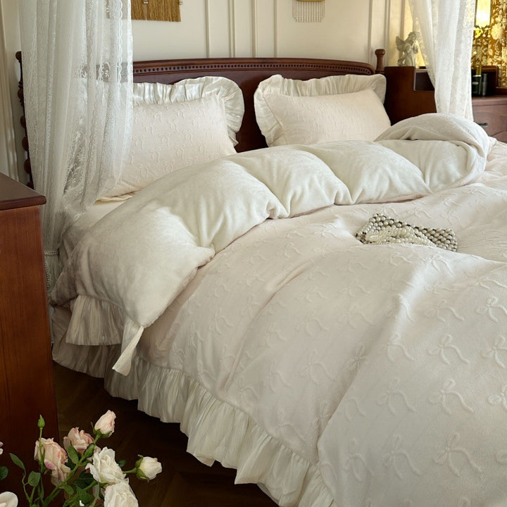 Embroidered Plush Velvet Ruffled Duvet Cover Set with Pleated Skirt