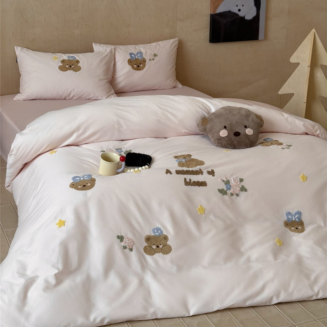 Embroidered Chenille Cartoon Duvet Cover Set with Plush Accent Pillow