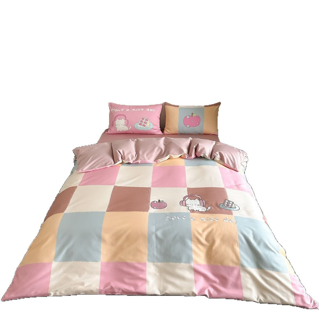 Cute Embroidered Puppy Cotton Sateen Duvet Cover Set with Gingham Reversible Shams