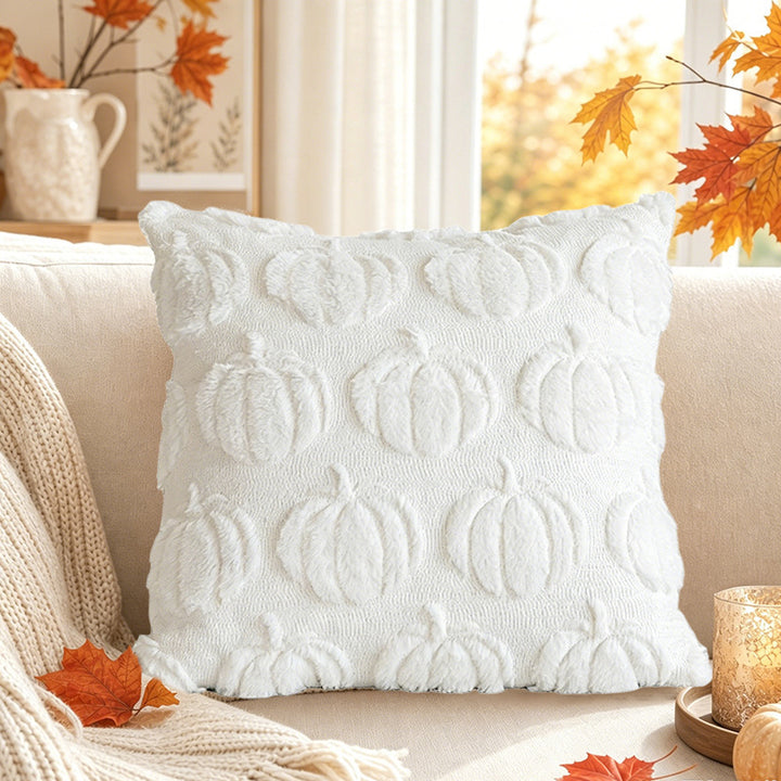 Autumn Pumpkin Chenille Tufted Square Throw Pillow Cover with Plush Raised Motif