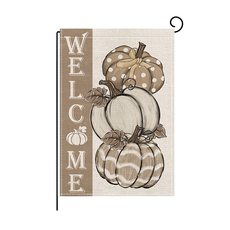 Double-Sided Burlap-Texture Autumn Garden Flag with Hand-Illustrated Pumpkins and 'Happy Fall' Typography