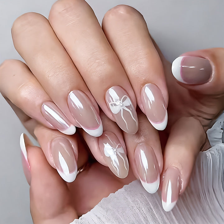Elegant French Tip Press-On Nails with Bow Accents Stornfield