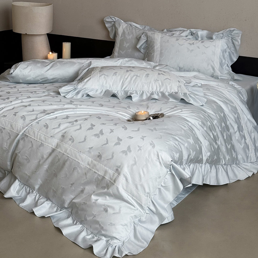 Ruffled Jacquard Butterfly Cotton-Sateen Duvet Cover Set