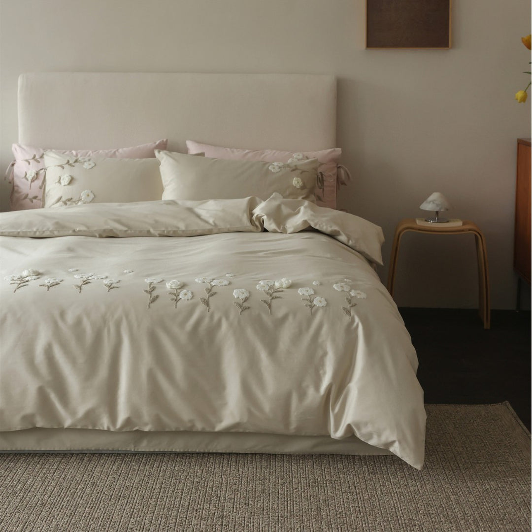 Embroidered Appliqué Cotton Sateen Duvet Cover Set with Decorative Pillow Shams