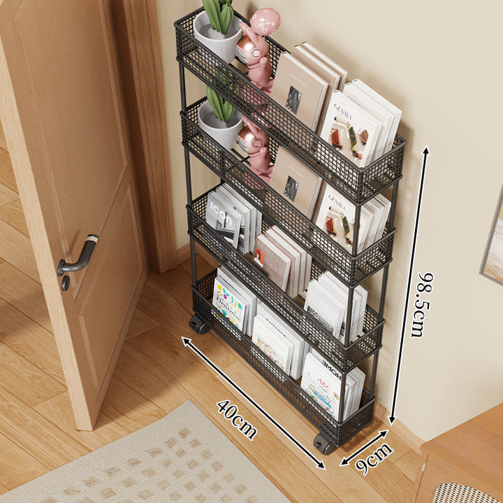 Slim Four-Tier Metal Mesh Narrow Bookshelf Organizer