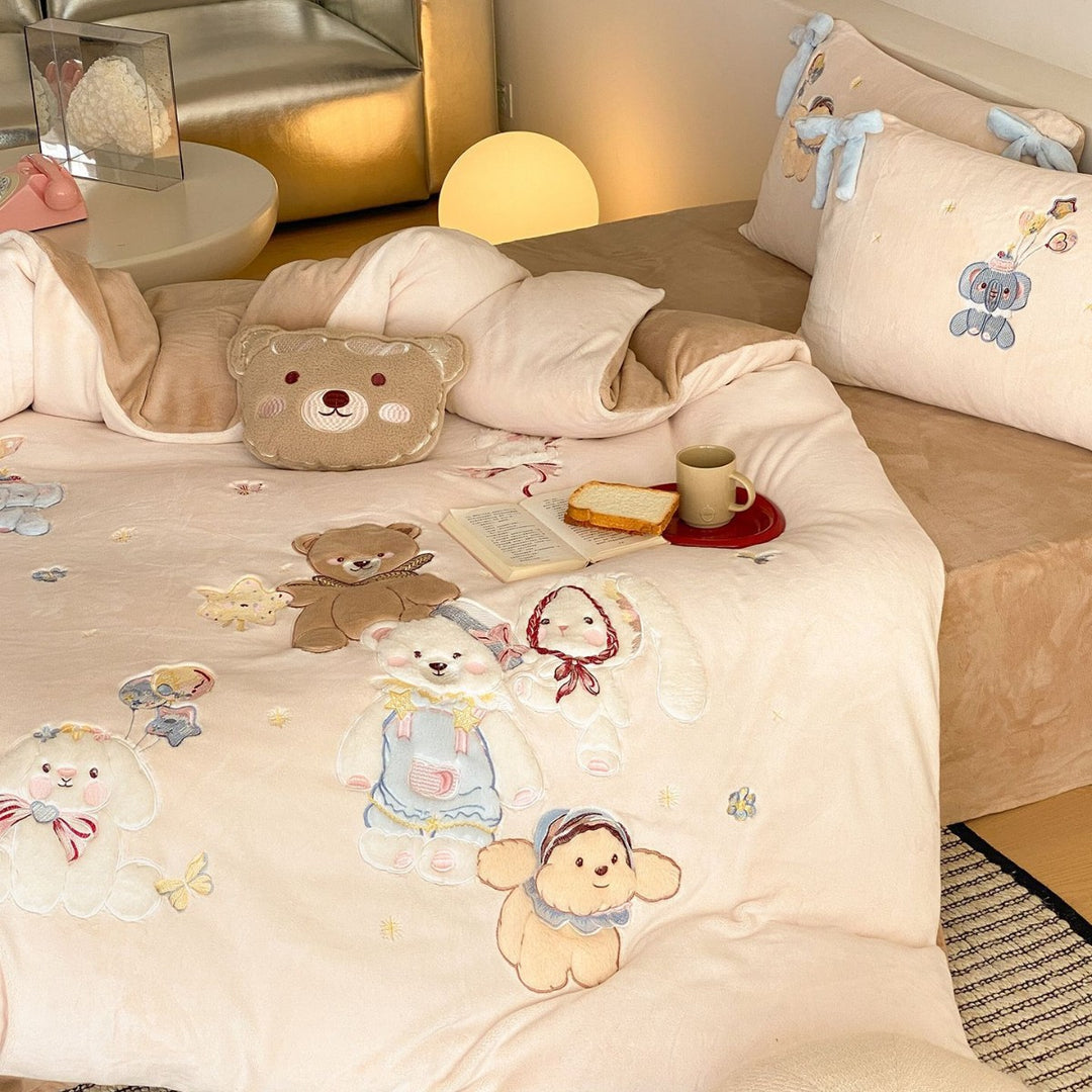 Plush Embroidered Appliqué Duvet Cover Set with Bow-Tie Shams