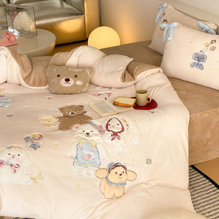 Plush Embroidered Appliqué Duvet Cover Set with Bow-Tie Shams