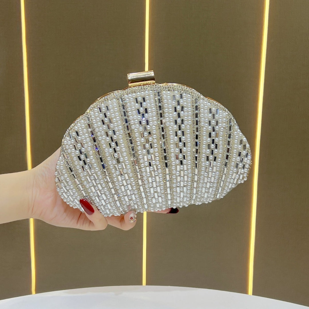 Pearl-Embellished Clamshell Evening Clutch