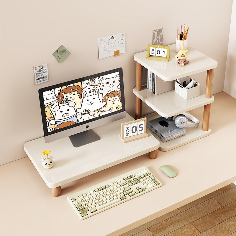 Solid Wood Monitor Riser with Tiered Desk Organizer and Cable Management