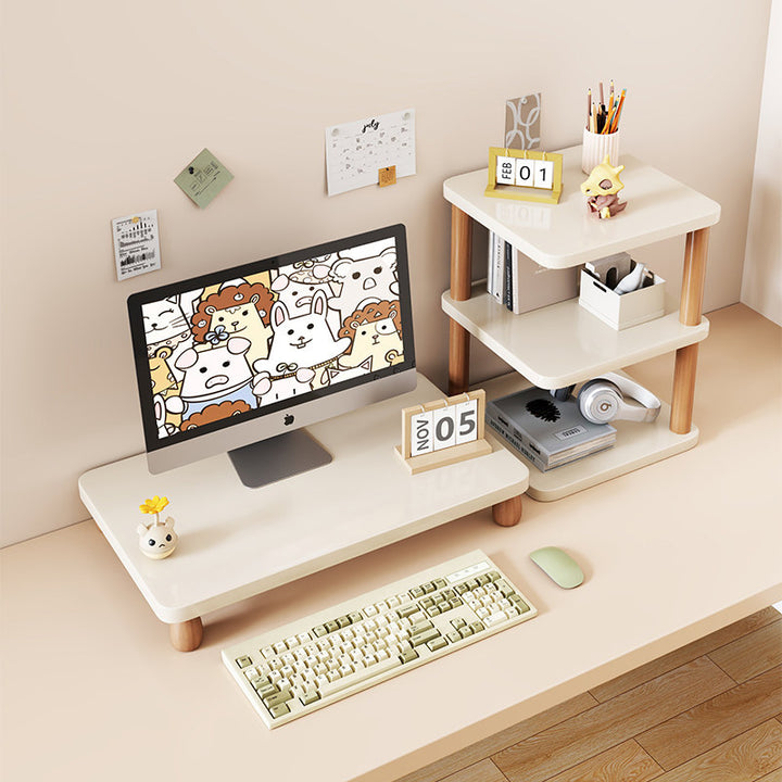 Solid Wood Monitor Riser with Tiered Desk Organizer and Cable Management