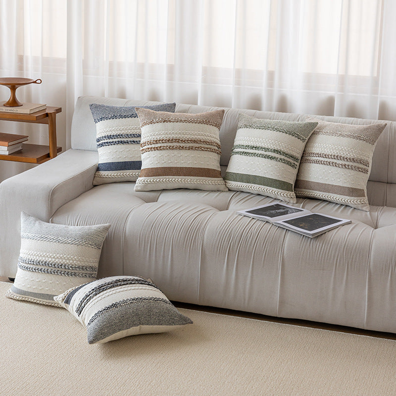 Woven Cotton Textured Lumbar Throw Pillow Cover with Braided Stripe Embellishments