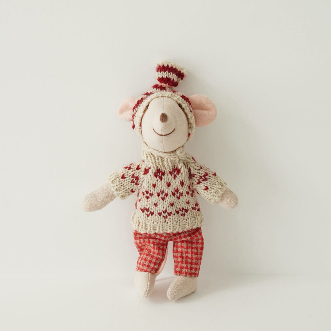 Handcrafted Mouse Plush Doll with Knitted Heart Sweater Pom-Pom Beanie and Gingham Trousers