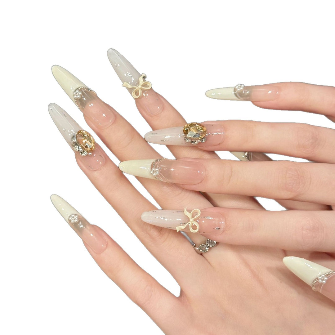 Premium Decorative Press-On Nail Art Set with Unique Gem and Bow Accents
