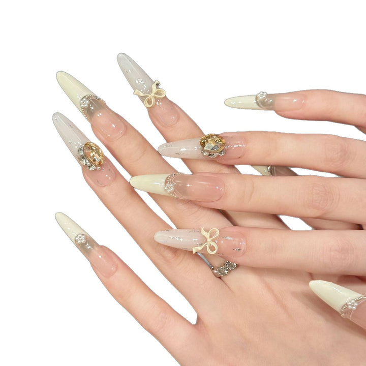 Premium Decorative Press-On Nail Art Set with Unique Gem and Bow Accents