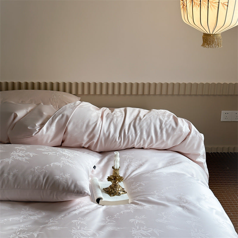Luxurious cotton satin bedding set with fine jacquard floral relief and silky finish