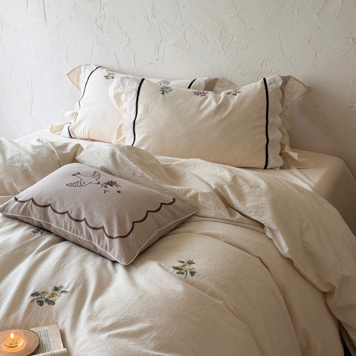 Botanical Embroidered Lightweight Stonewashed Cotton-Linen Duvet Cover Set