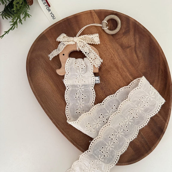 Wooden Elephant Teether with Organic Lace Sensory Ribbon