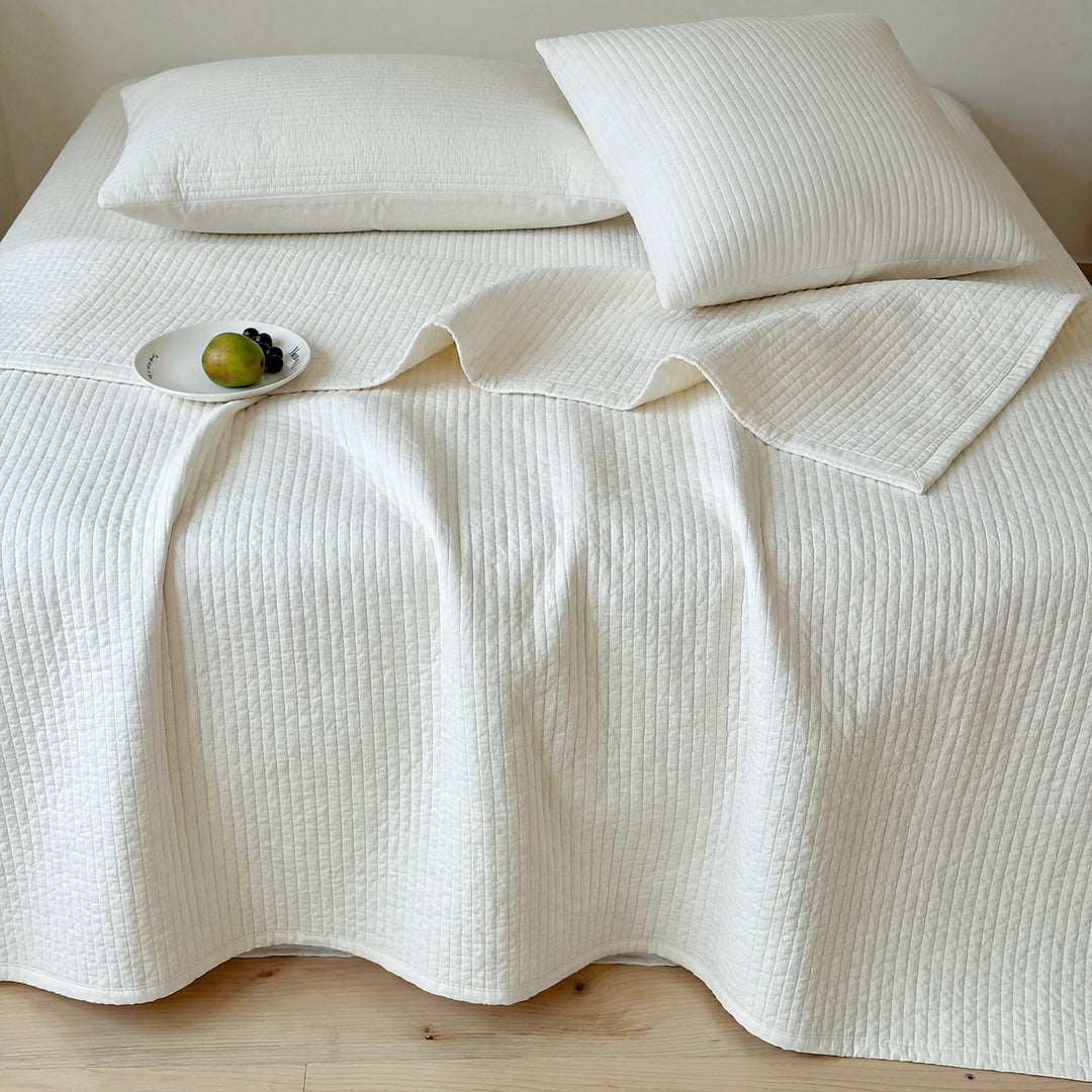 Quilted cotton bedspread set with fine linear stitching