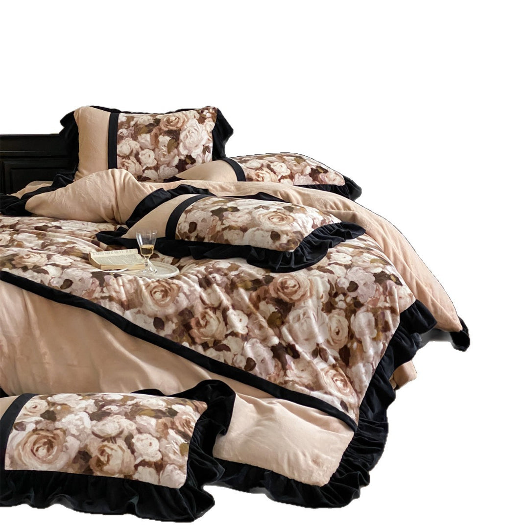 Floral Velvet-Trim Duvet Cover Set with Ruffled Edges and Euro Pillow Shams