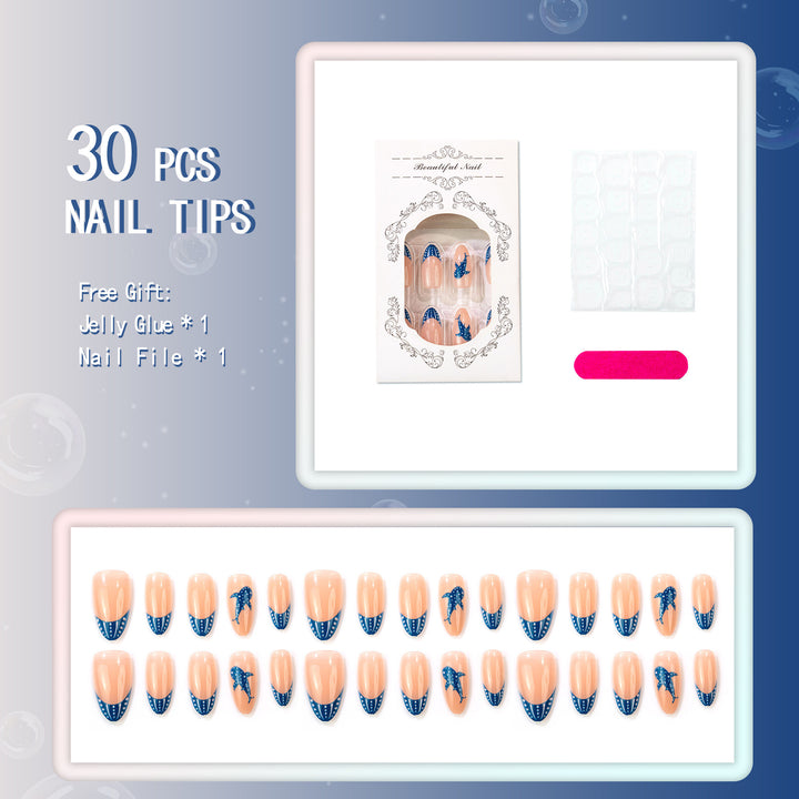 Artistic Press-On Nail Set with Marine Life Design