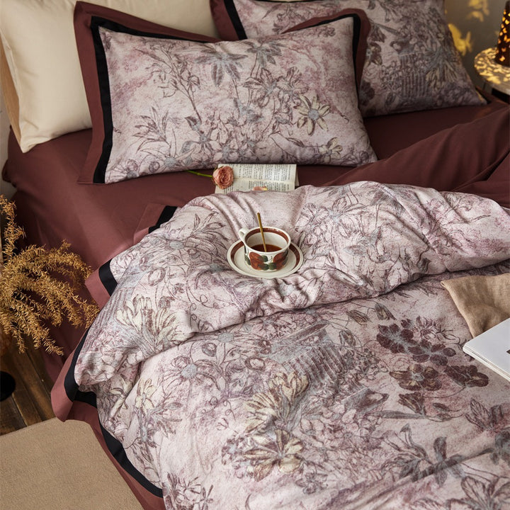 Botanical Vintage-Print Cotton Sateen Duvet Cover Set with Contrast Hem and Reversible Lining