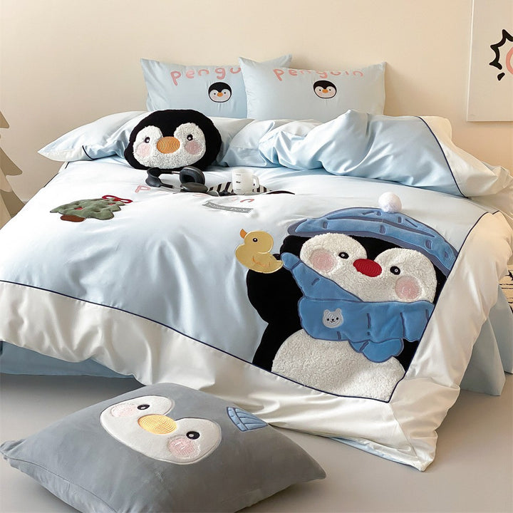 Children's bedding set with embroidered three-dimensional penguin applications and soft cotton satin