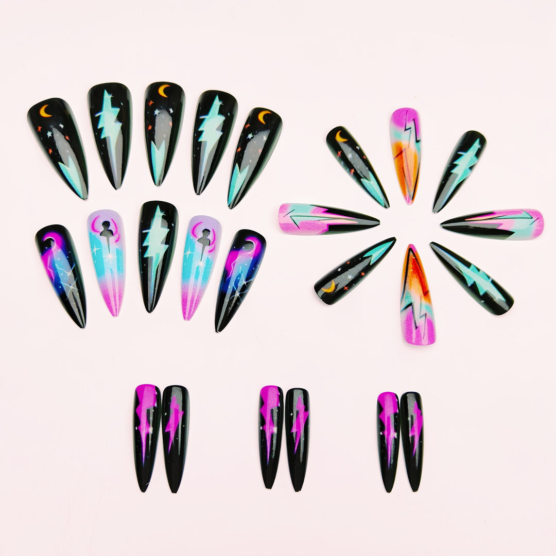 Creative artificial nails with neon light flash design Stornfield