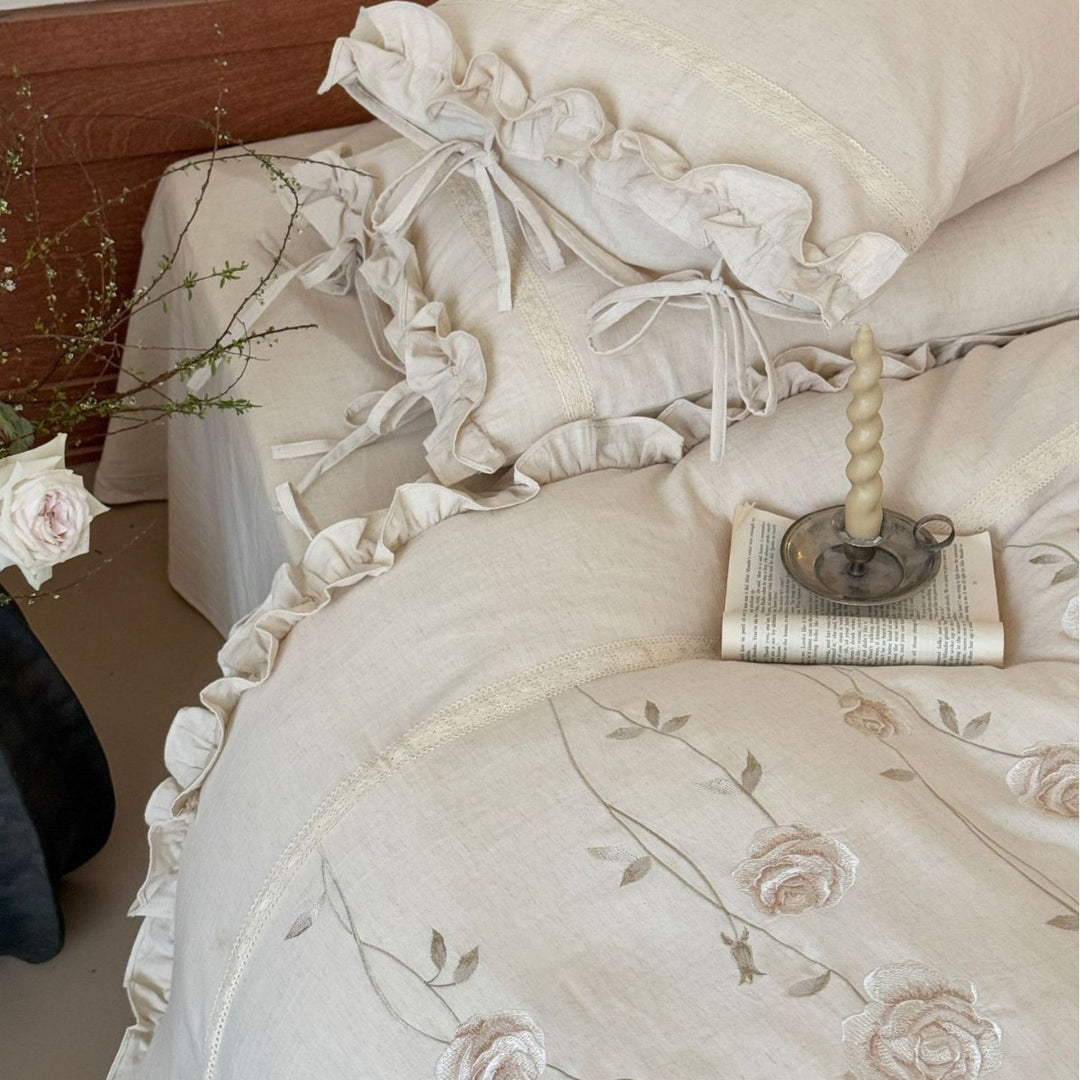 Embroidered Rose Linen‑Feel Ruffled Duvet Cover Set with Ties